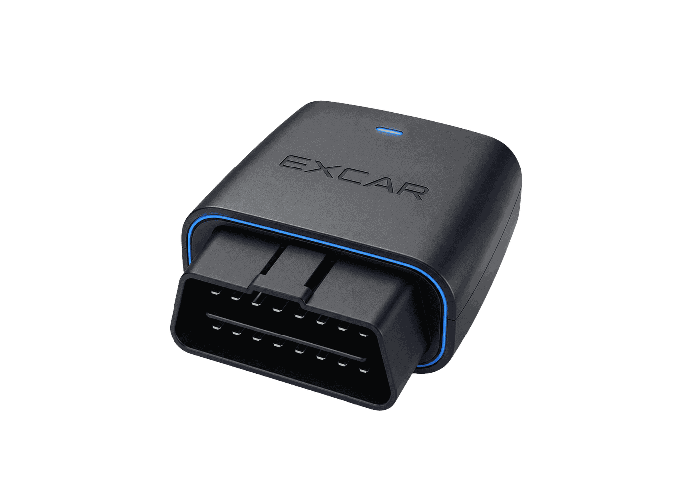 EXCAR Link, the compact OBD-II vehicle data module, with its sixteen-pin connector facing forward.